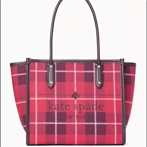 NEW Kate Spade Bright Rose Ella Plaid Tote WKR00604 $299 Red